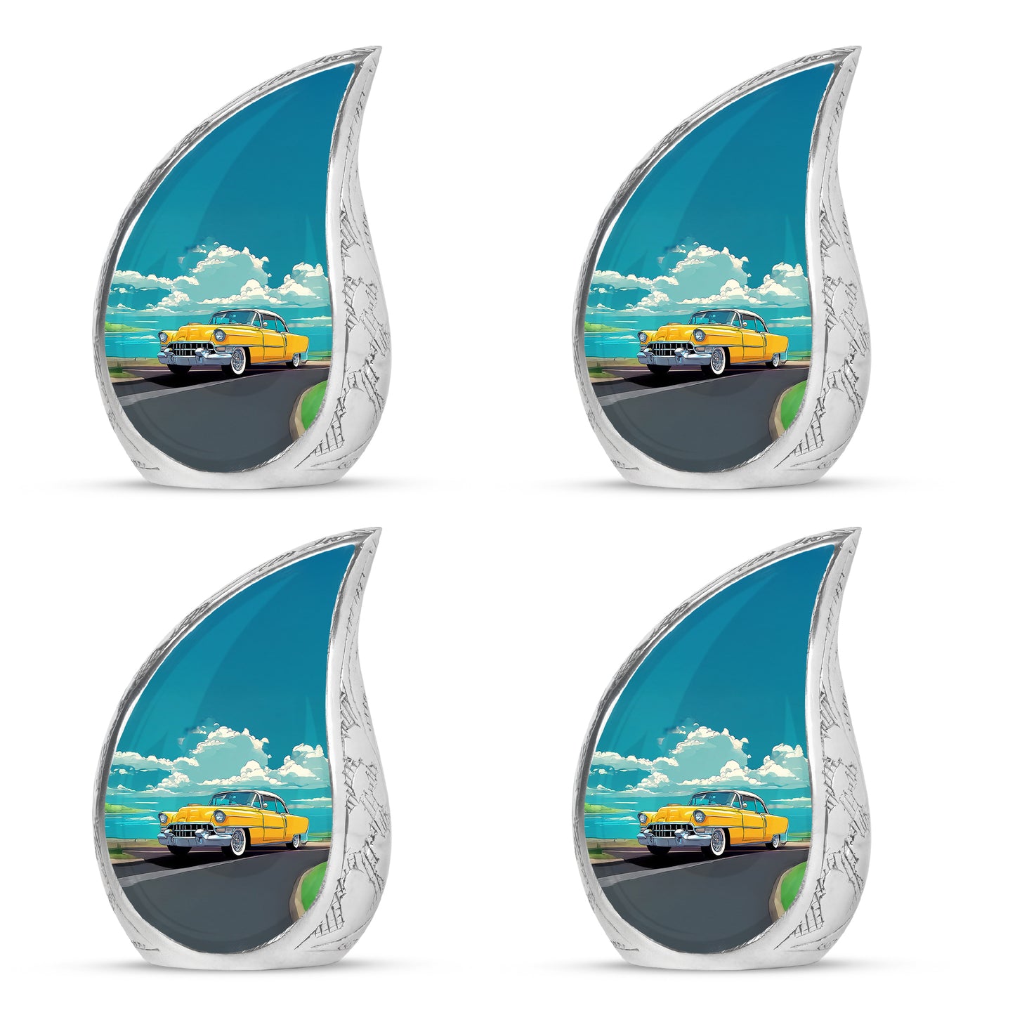 Aqua Teal Car Cremation Urn close-up of engraving and surface detail - graceful tear-shaped urn with car motif - 10 inch aluminum urn for cremated remains
