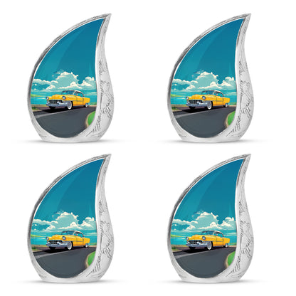 Aqua Teal Car Cremation Urn close-up of engraving and surface detail - graceful tear-shaped urn with car motif - 10 inch aluminum urn for cremated remains