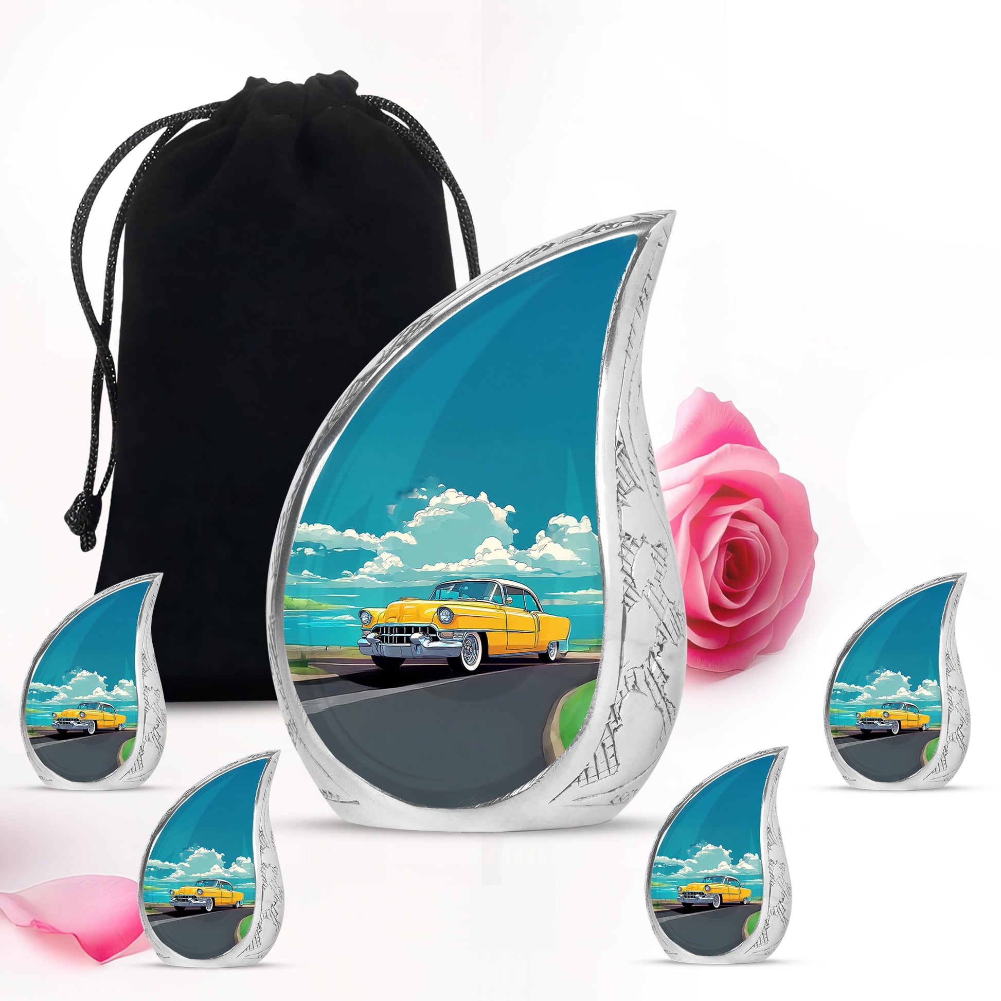 Aqua Teal Car Cremation Urn side profile showing urn shape - smooth teardrop contour featuring car art - memorial set with one large and four small urns
