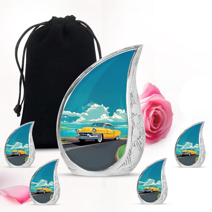 Aqua Teal Car Cremation Urn side profile showing urn shape - smooth teardrop contour featuring car art - memorial set with one large and four small urns