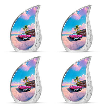 Pastel Blue Car Cremation Urn close-up of engraving and surface detail - rounded teardrop car design with delicate detail - 10 inch aluminum urn for cremated remains