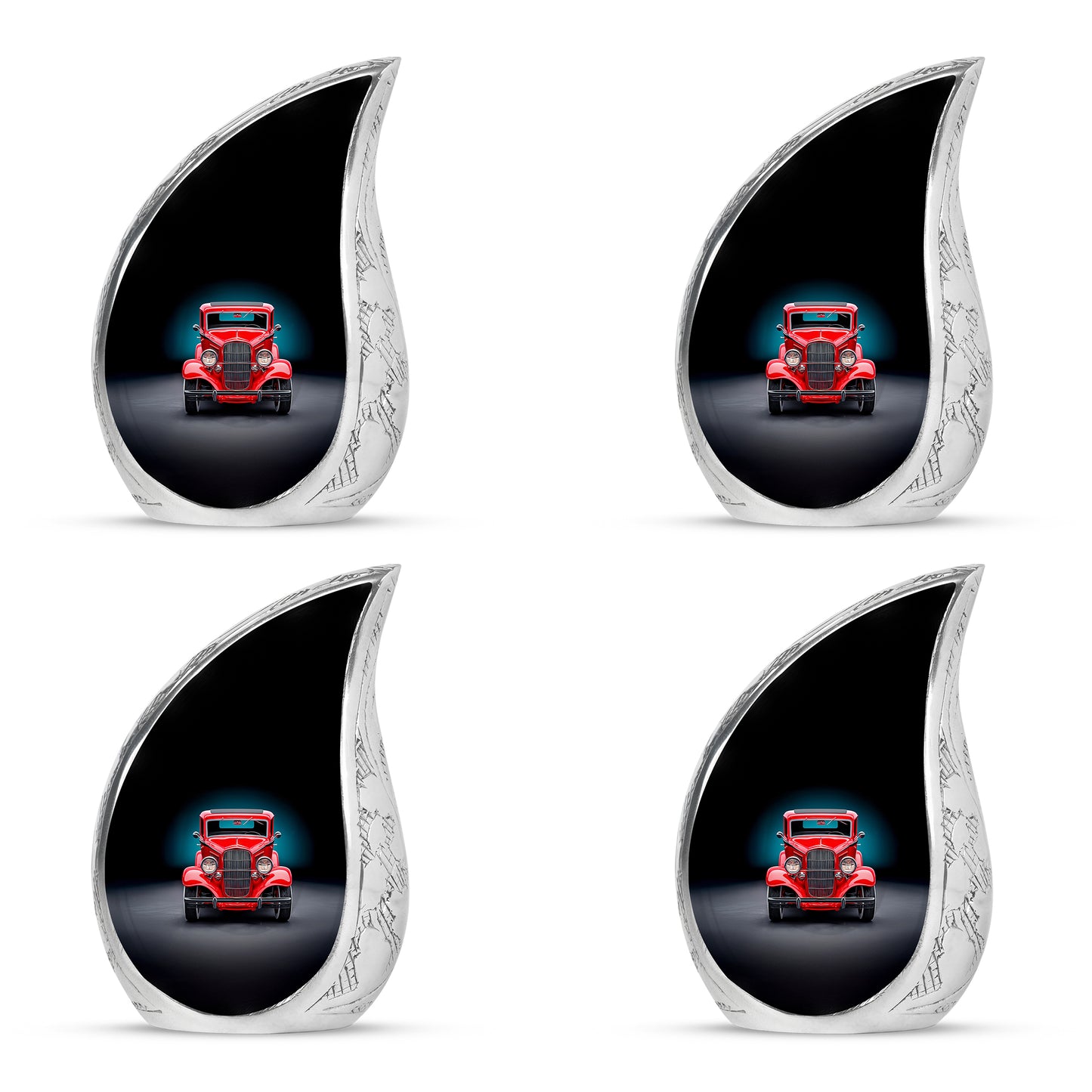 Obsidian Black Car Cremation Urn close-up of engraving and surface detail - smooth teardrop contour featuring car art - 10 inch aluminum urn for cremated remains