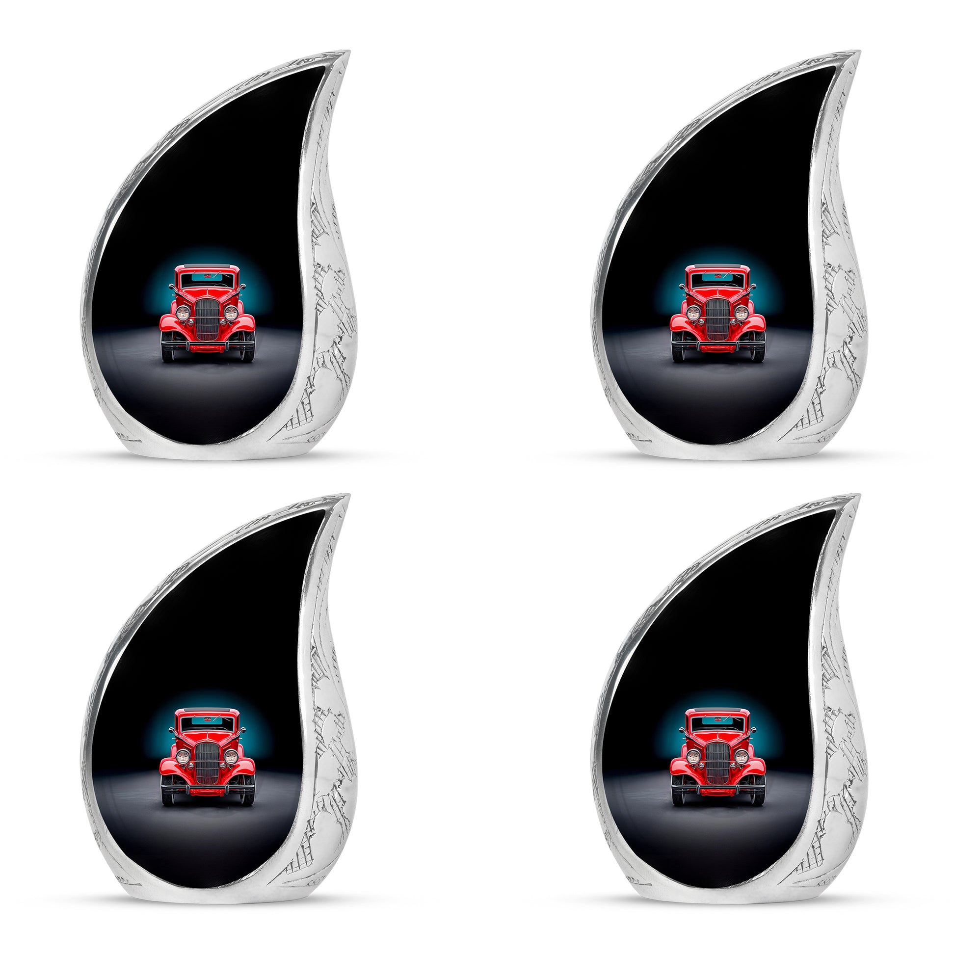 Obsidian Black Car Cremation Urn close-up of engraving and surface detail - smooth teardrop contour featuring car art - 10 inch aluminum urn for cremated remains