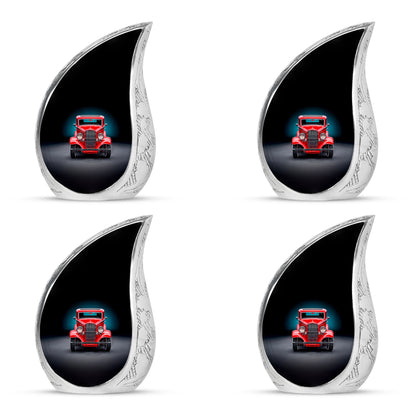 Obsidian Black Car Cremation Urn close-up of engraving and surface detail - smooth teardrop contour featuring car art - 10 inch aluminum urn for cremated remains