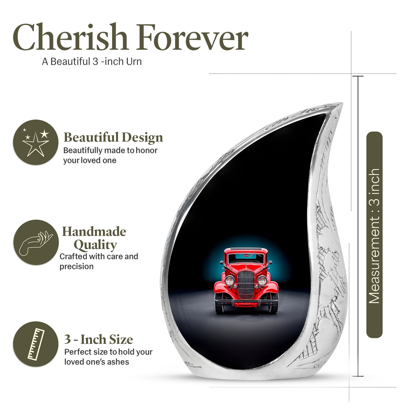 Glossy Black Car Cremation Urn angled view of lid and engraved motif - rounded teardrop car design with delicate detail - mini keepsake memorial for portion of cremation ashes