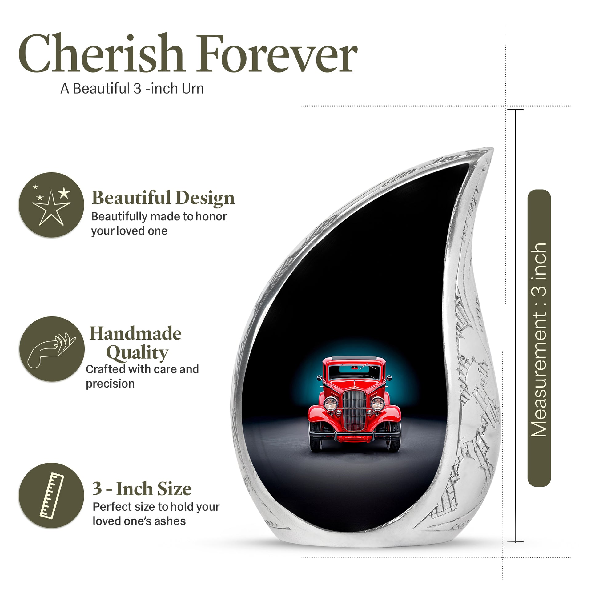 Glossy Black Car Cremation Urn angled view of lid and engraved motif - rounded teardrop car design with delicate detail - mini keepsake memorial for portion of cremation ashes