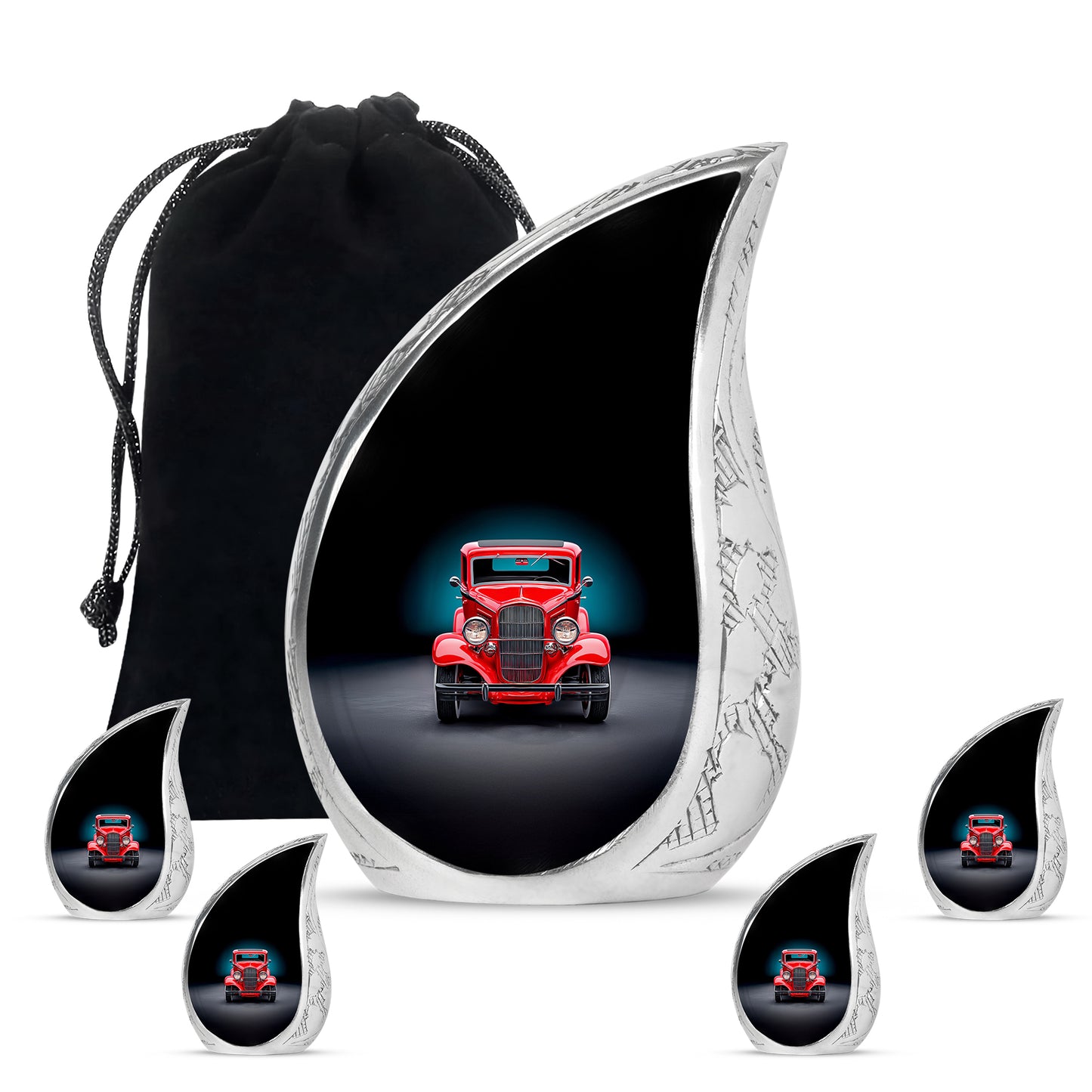 Jet Black Car Cremation Urn side profile showing urn shape - rounded teardrop car design with delicate detail - memorial set with one large and four small urns