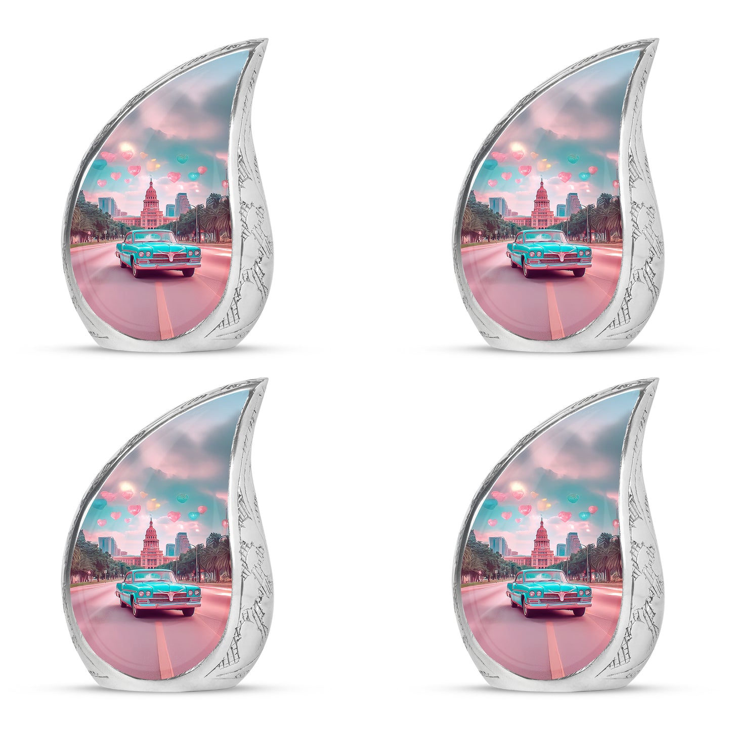 Tropical Teal Car Cremation Urn close-up of engraving and surface detail - graceful tear-shaped urn with car motif - 10 inch aluminum urn for cremated remains