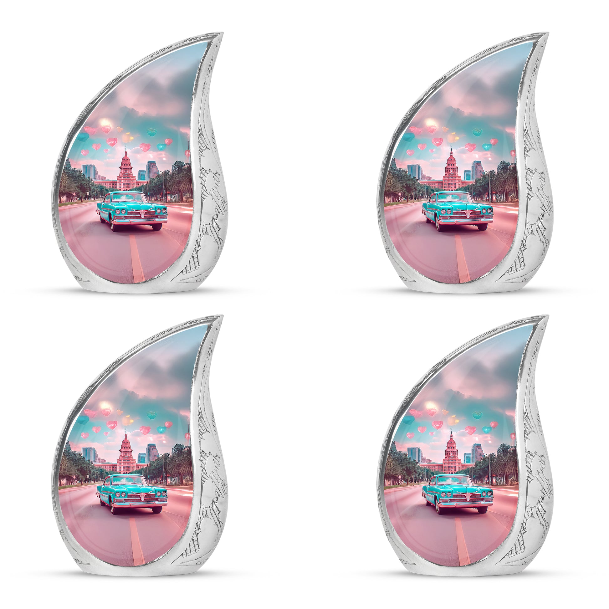 Tropical Teal Car Cremation Urn close-up of engraving and surface detail - graceful tear-shaped urn with car motif - 10 inch aluminum urn for cremated remains