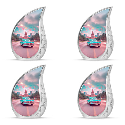 Tropical Teal Car Cremation Urn close-up of engraving and surface detail - graceful tear-shaped urn with car motif - 10 inch aluminum urn for cremated remains