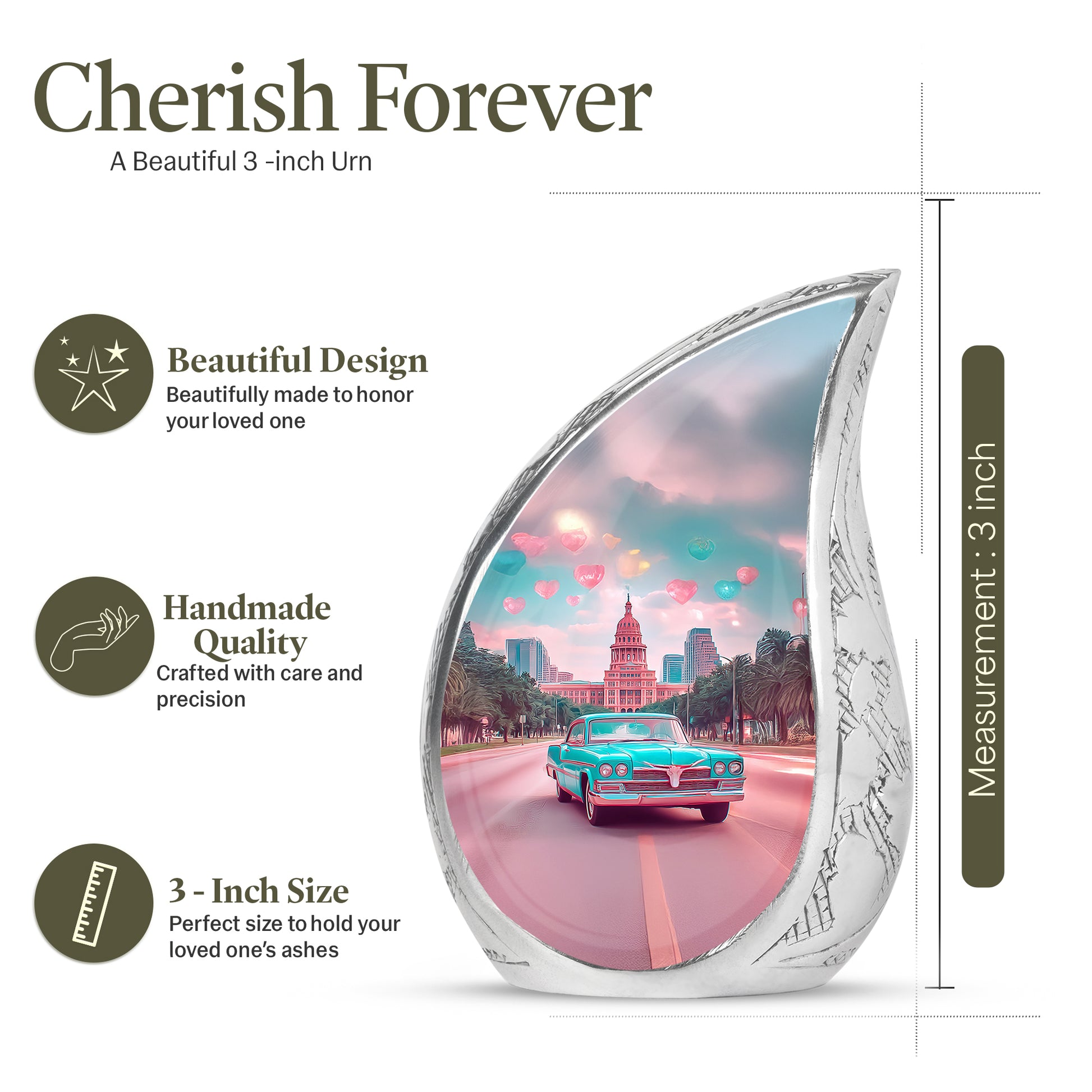 Cool Teal Car Cremation Urn angled view of lid and engraved motif - rounded teardrop car design with delicate detail - mini keepsake memorial for portion of cremation ashes