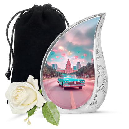 Sea Green Teal Car Cremation Urn front view showing detailed design - rounded teardrop car design with delicate detail - full-size 10 inch 200 cubic inch adult cremation urn