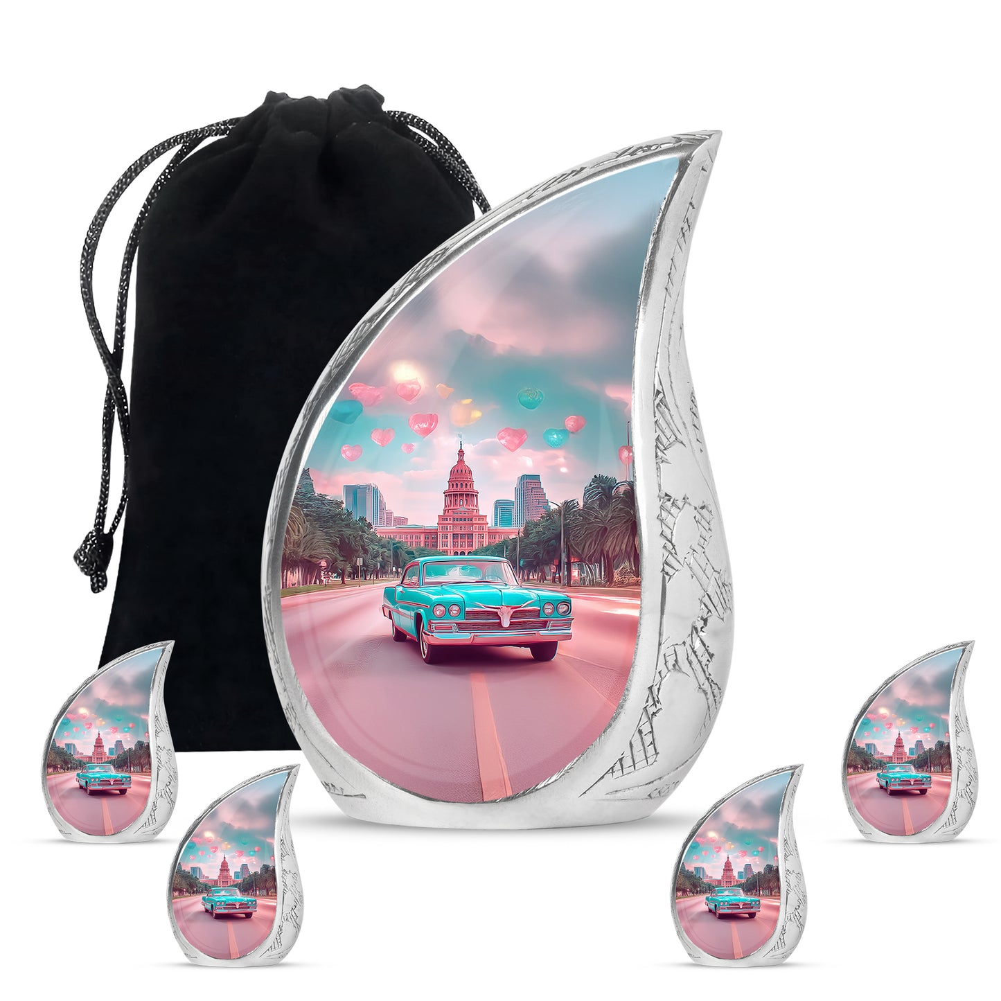Aqua Teal Car Cremation Urn side profile showing urn shape - graceful tear-shaped urn with car motif - memorial set with one large and four small urns