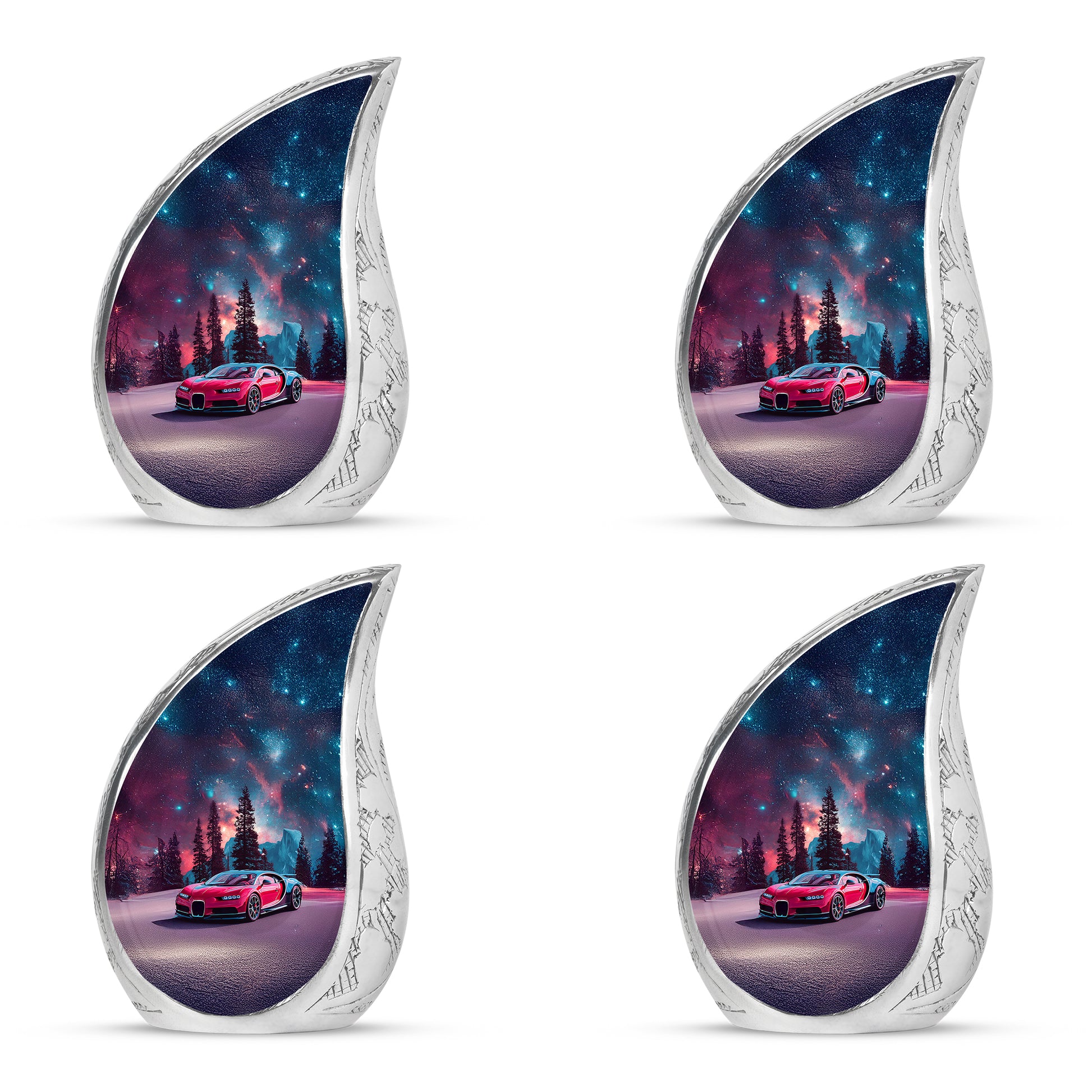 Celestial Blue Car Cremation Urn close-up of engraving and surface detail - rounded teardrop car design with delicate detail - 10 inch aluminum urn for cremated remains
