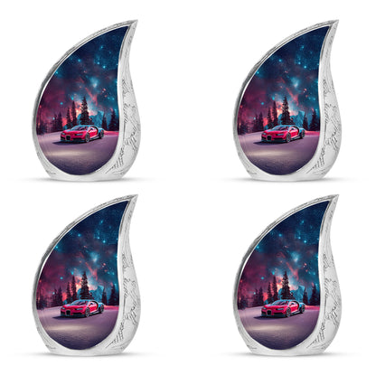 Celestial Blue Car Cremation Urn close-up of engraving and surface detail - rounded teardrop car design with delicate detail - 10 inch aluminum urn for cremated remains