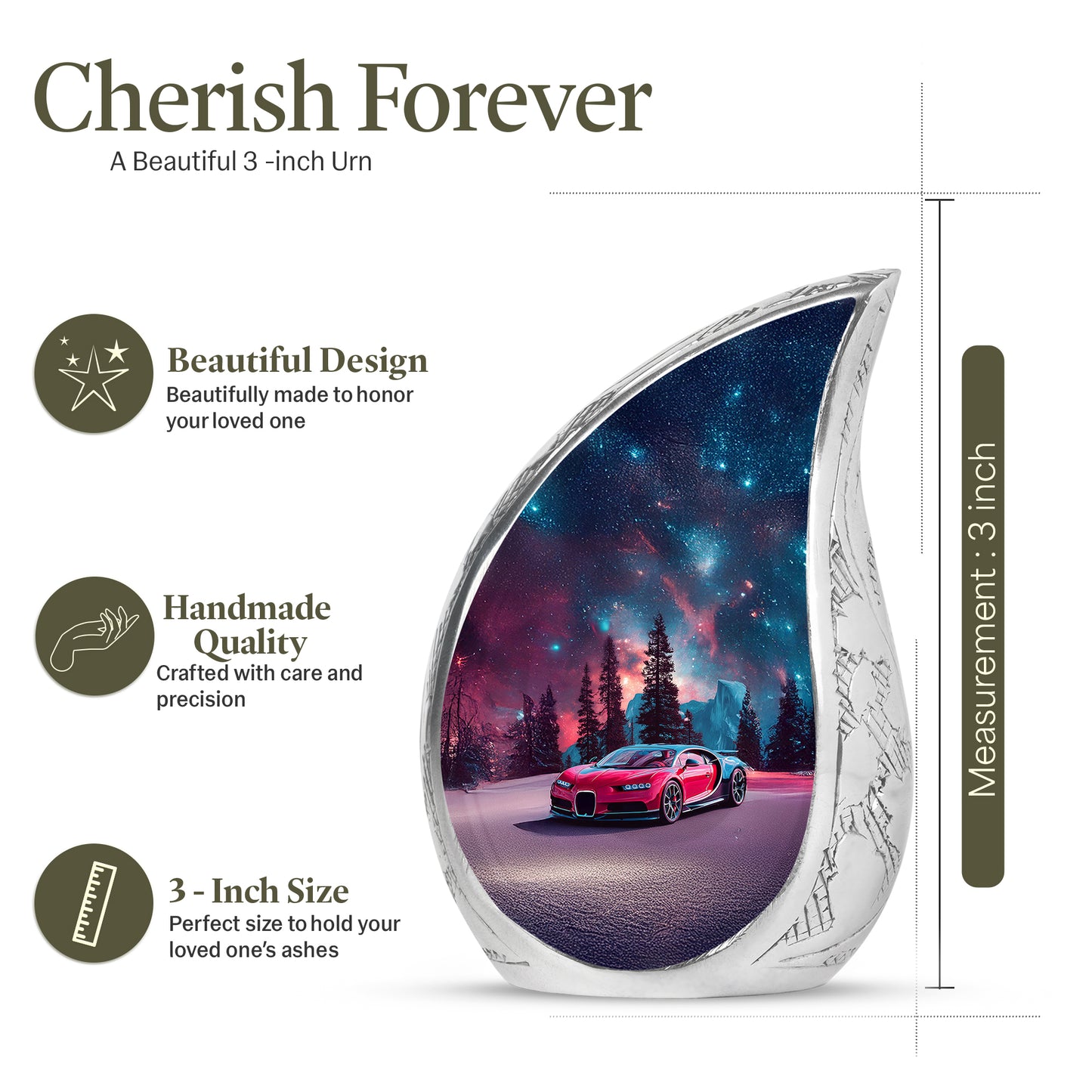 Steel Blue Car Cremation Urn angled view of lid and engraved motif - graceful tear-shaped urn with car motif - mini keepsake memorial for portion of cremation ashes