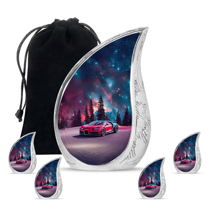Indigo Car Cremation Urn side profile showing urn shape - rounded teardrop car design with delicate detail - memorial set with one large and four small urns