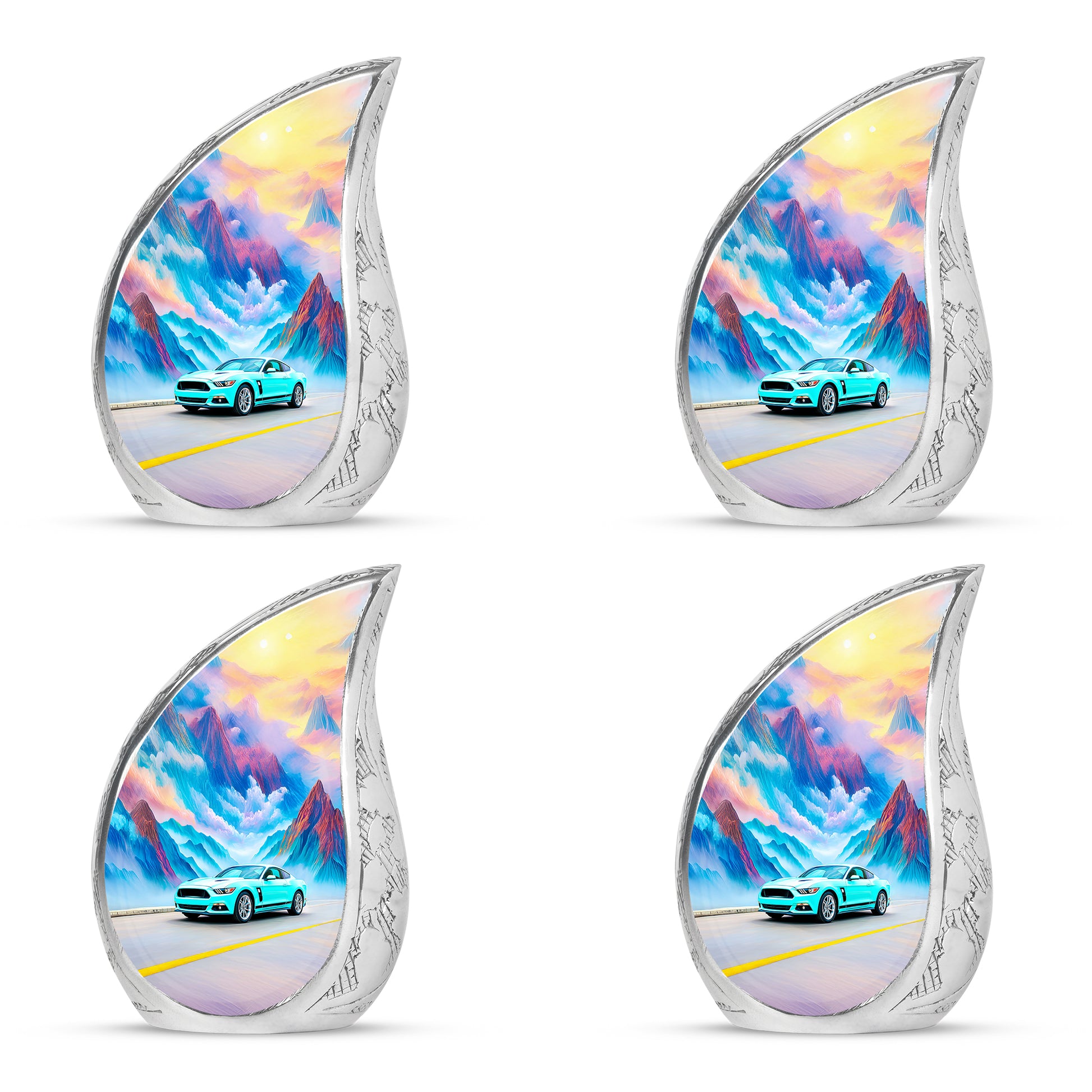 Aqua Teal Car Cremation Urn close-up of engraving and surface detail - smooth teardrop contour featuring car art - 10 inch aluminum urn for cremated remains