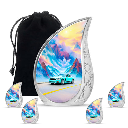 Tropical Teal Car Cremation Urn side profile showing urn shape - smooth teardrop contour featuring car art - memorial set with one large and four small urns