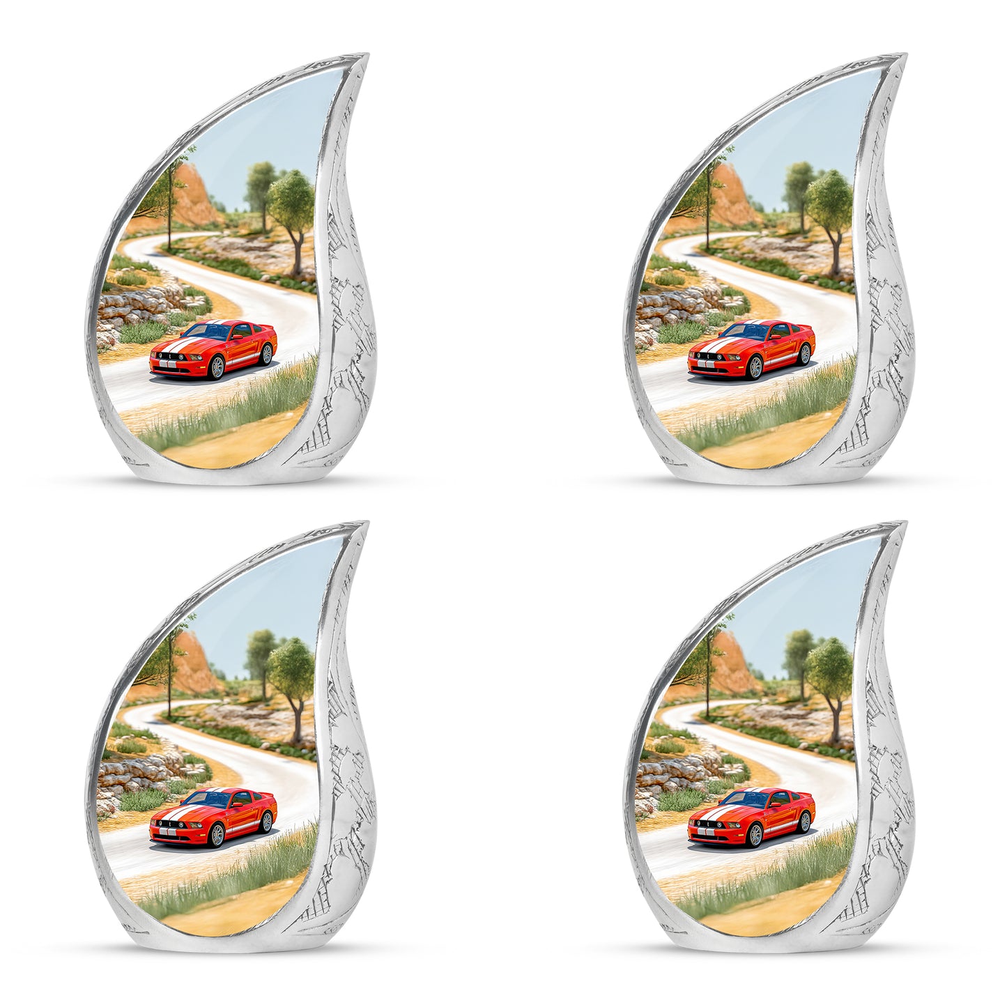 Gilded Gold Car Cremation Urn close-up of engraving and surface detail - rounded teardrop car design with delicate detail - 10 inch aluminum urn for cremated remains