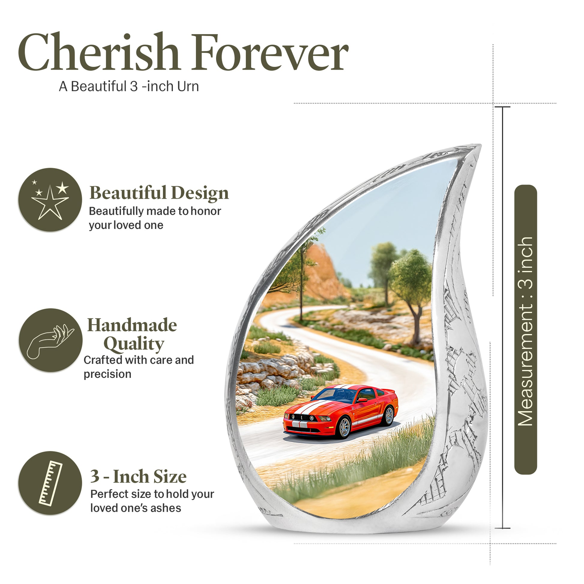 Antique Gold Car Cremation Urn angled view of lid and engraved motif - flowing teardrop car silhouette on curved aluminum - mini keepsake memorial for portion of cremation ashes