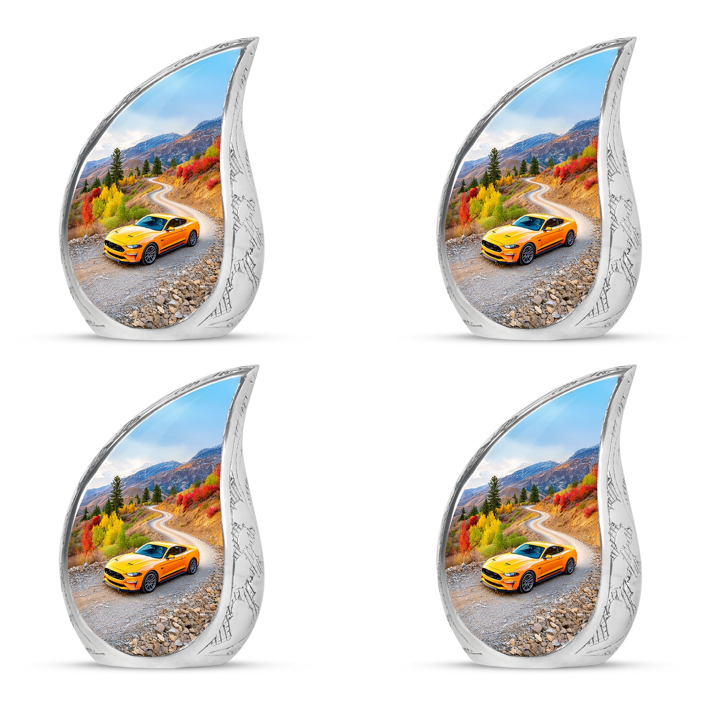 Celestial Blue Car Cremation Urn close-up of engraving and surface detail - rounded teardrop car design with delicate detail - 10 inch aluminum urn for cremated remains