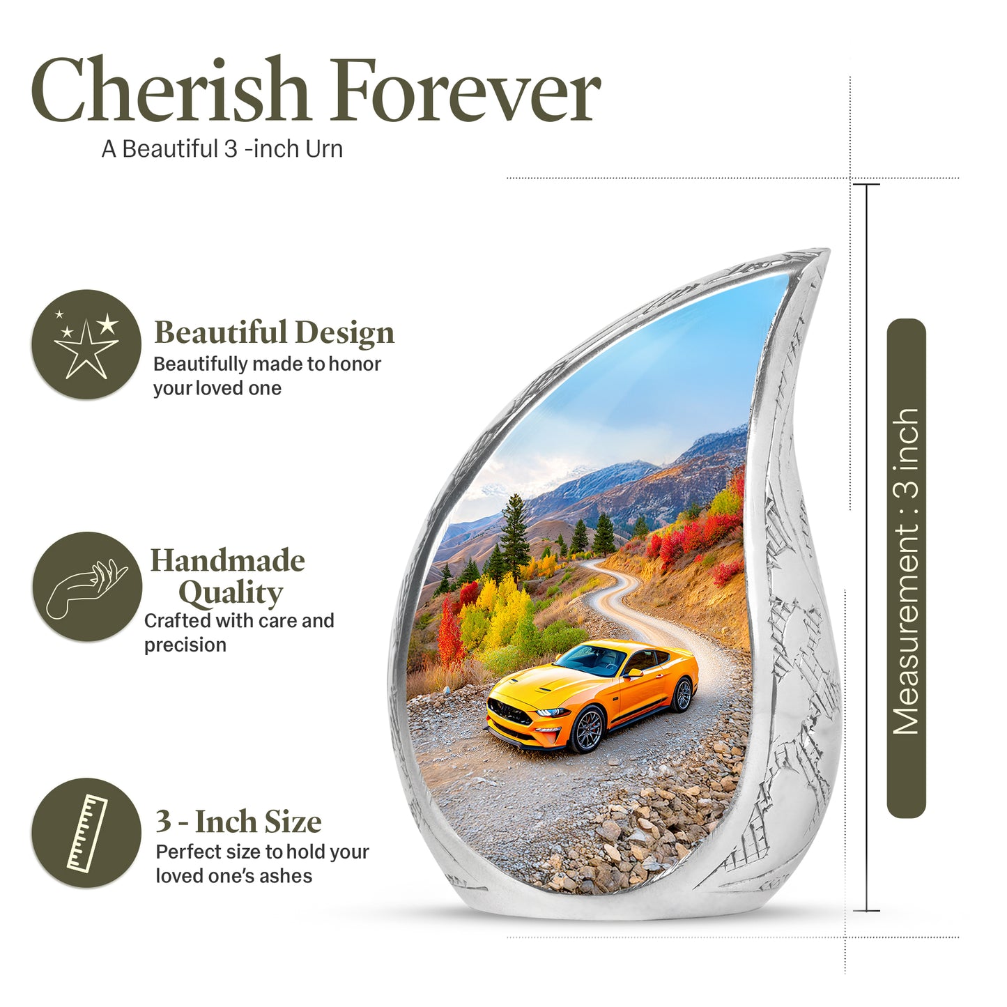 Serene Blue Car Cremation Urn angled view of lid and engraved motif - graceful tear-shaped urn with car motif - mini keepsake memorial for portion of cremation ashes