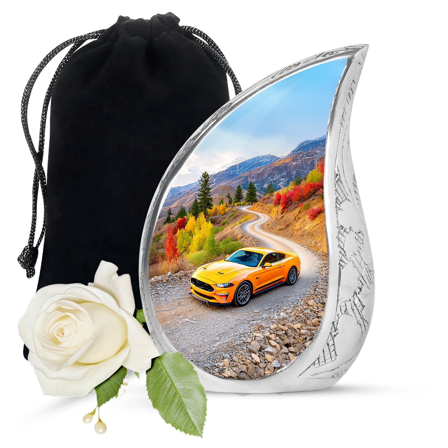 Slate Blue Car Cremation Urn front view showing detailed design - flowing teardrop car silhouette on curved aluminum - full-size 10 inch 200 cubic inch adult cremation urn