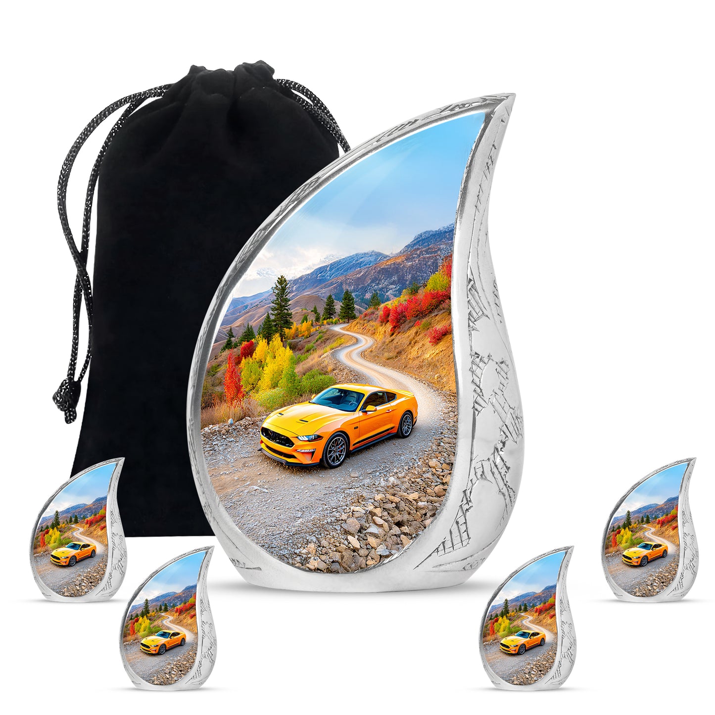 Sapphire Blue Car Cremation Urn side profile showing urn shape - graceful tear-shaped urn with car motif - memorial set with one large and four small urns