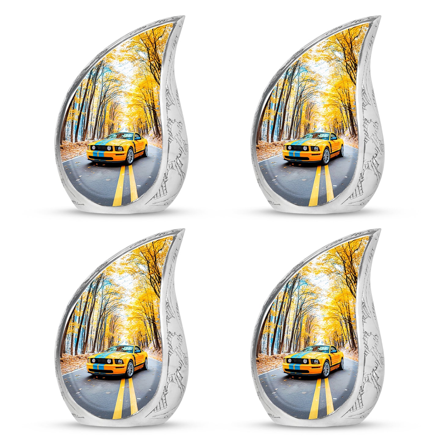 Serene Blue Car Cremation Urn close-up of engraving and surface detail - smooth teardrop contour featuring car art - 10 inch aluminum urn for cremated remains