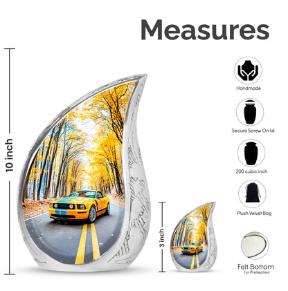 Serene Blue Car Cremation Urn angled view of lid and engraved motif - smooth teardrop contour featuring car art - mini keepsake memorial for portion of cremation ashes
