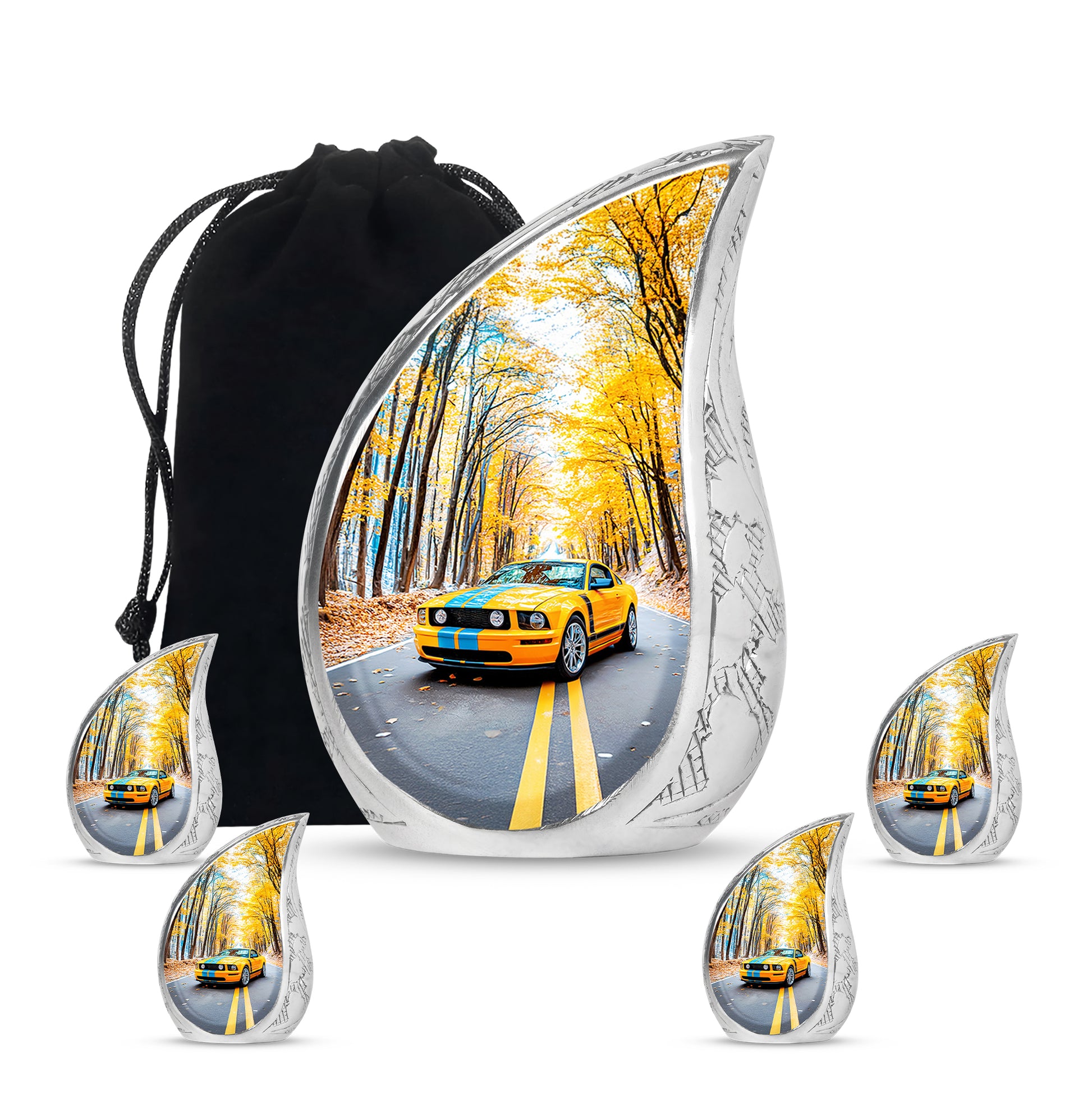 Celestial Blue Car Cremation Urn side profile showing urn shape - flowing teardrop car silhouette on curved aluminum - memorial set with one large and four small urns