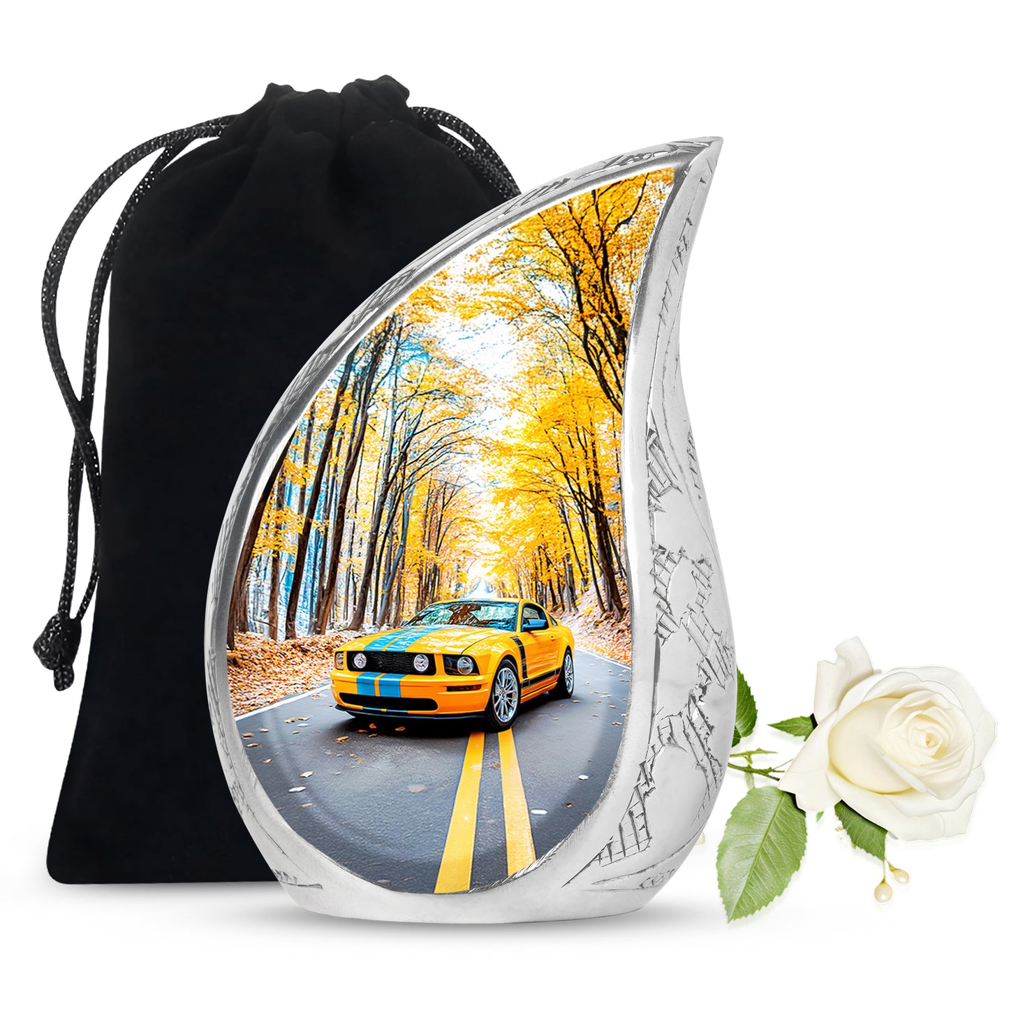 Misty Blue Car Cremation Urn front view showing detailed design - rounded teardrop car design with delicate detail - full-size 10 inch 200 cubic inch adult cremation urn