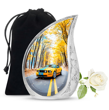 Misty Blue Car Cremation Urn front view showing detailed design - rounded teardrop car design with delicate detail - full-size 10 inch 200 cubic inch adult cremation urn