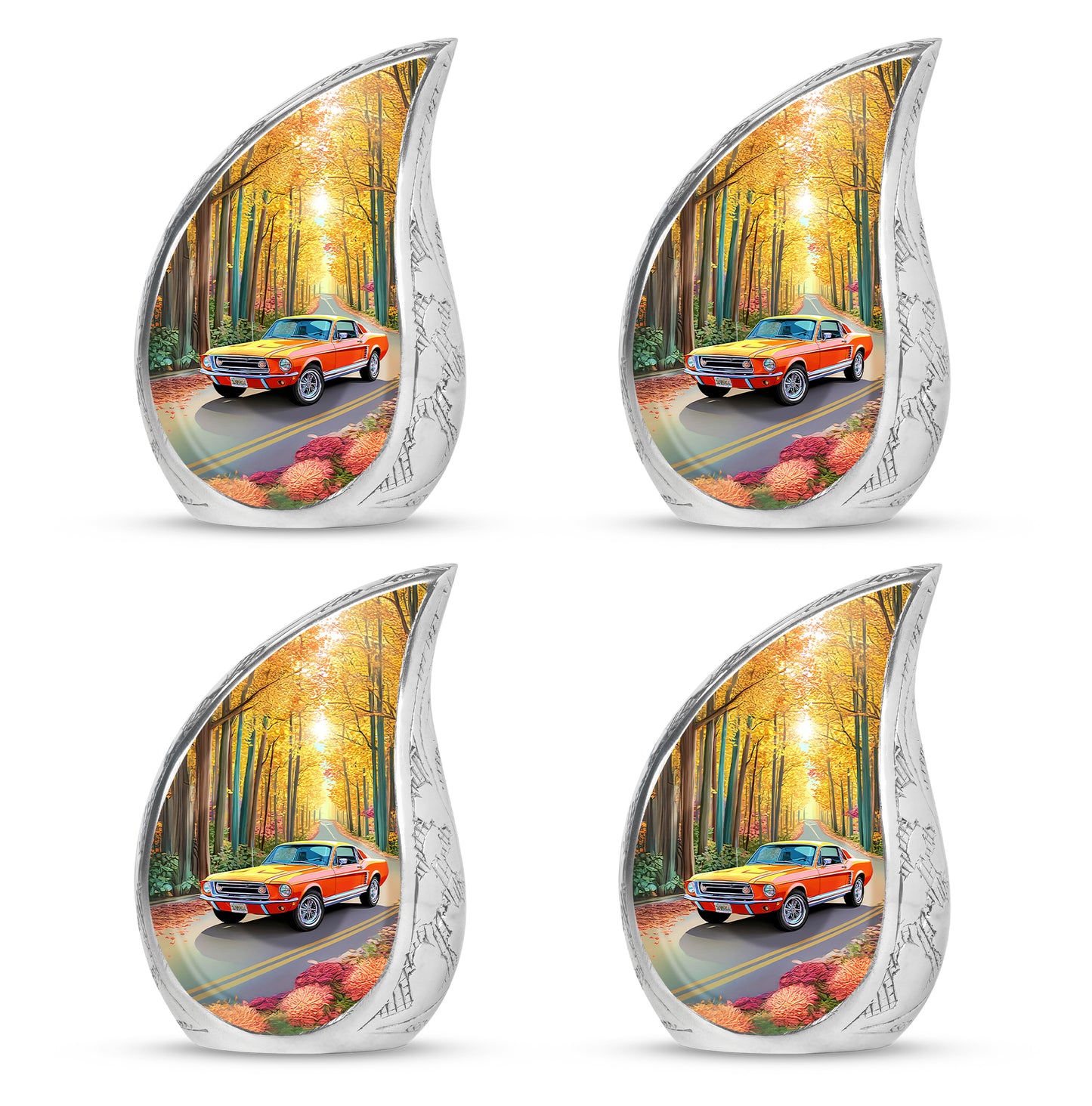 Burnished Gold Car Cremation Urn close-up of engraving and surface detail - graceful tear-shaped urn with car motif - 10 inch aluminum urn for cremated remains