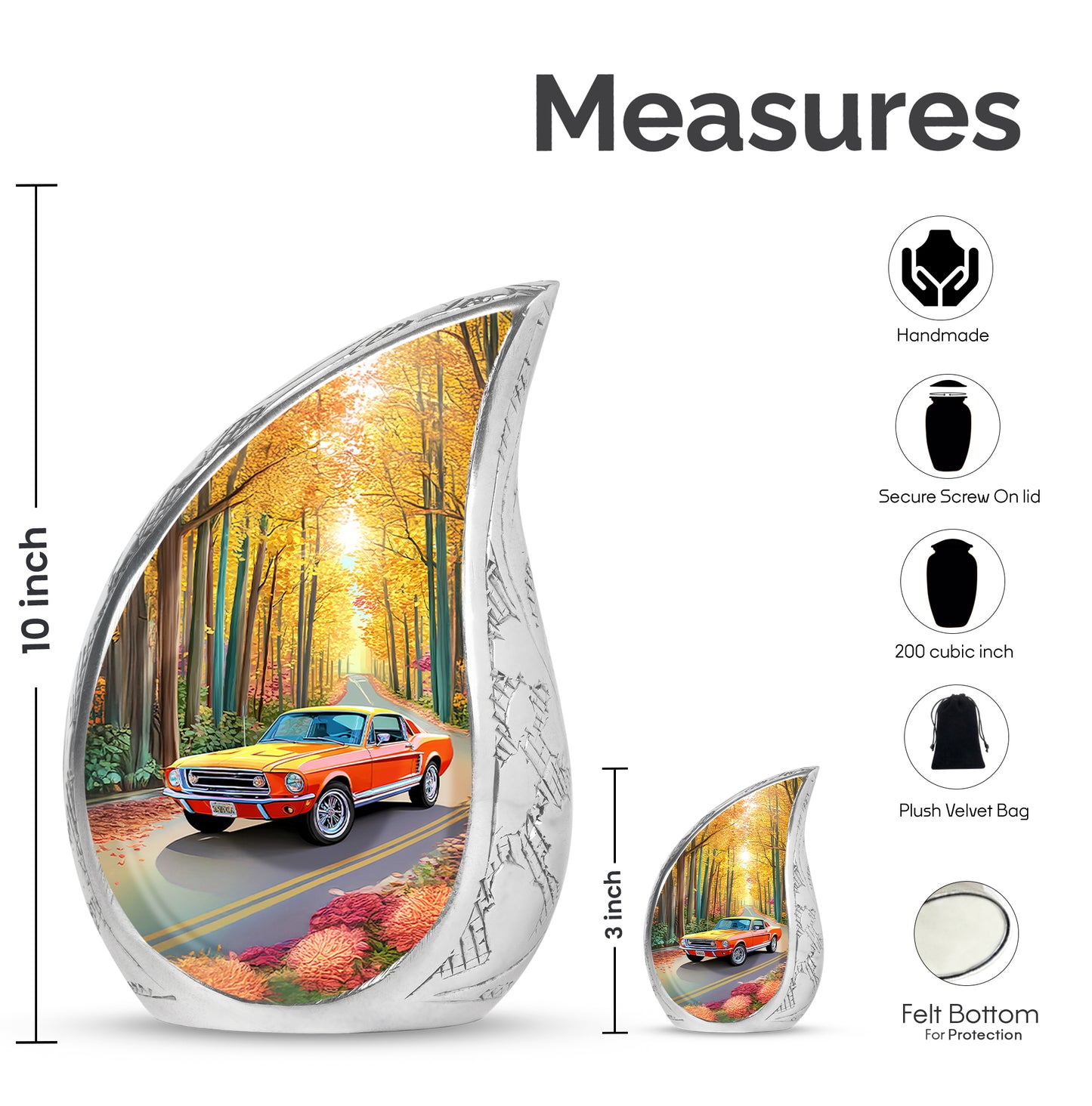 Matte Gold Car Cremation Urn angled view of lid and engraved motif - smooth teardrop contour featuring car art - mini keepsake memorial for portion of cremation ashes