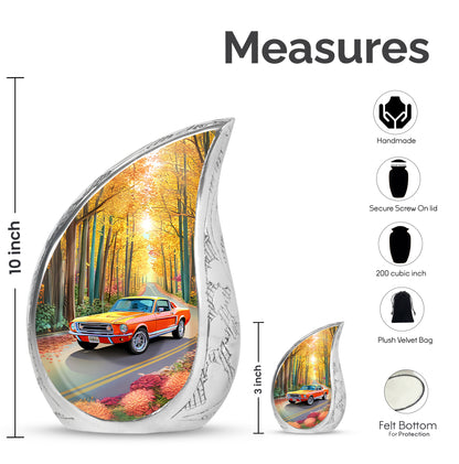 Matte Gold Car Cremation Urn angled view of lid and engraved motif - smooth teardrop contour featuring car art - mini keepsake memorial for portion of cremation ashes