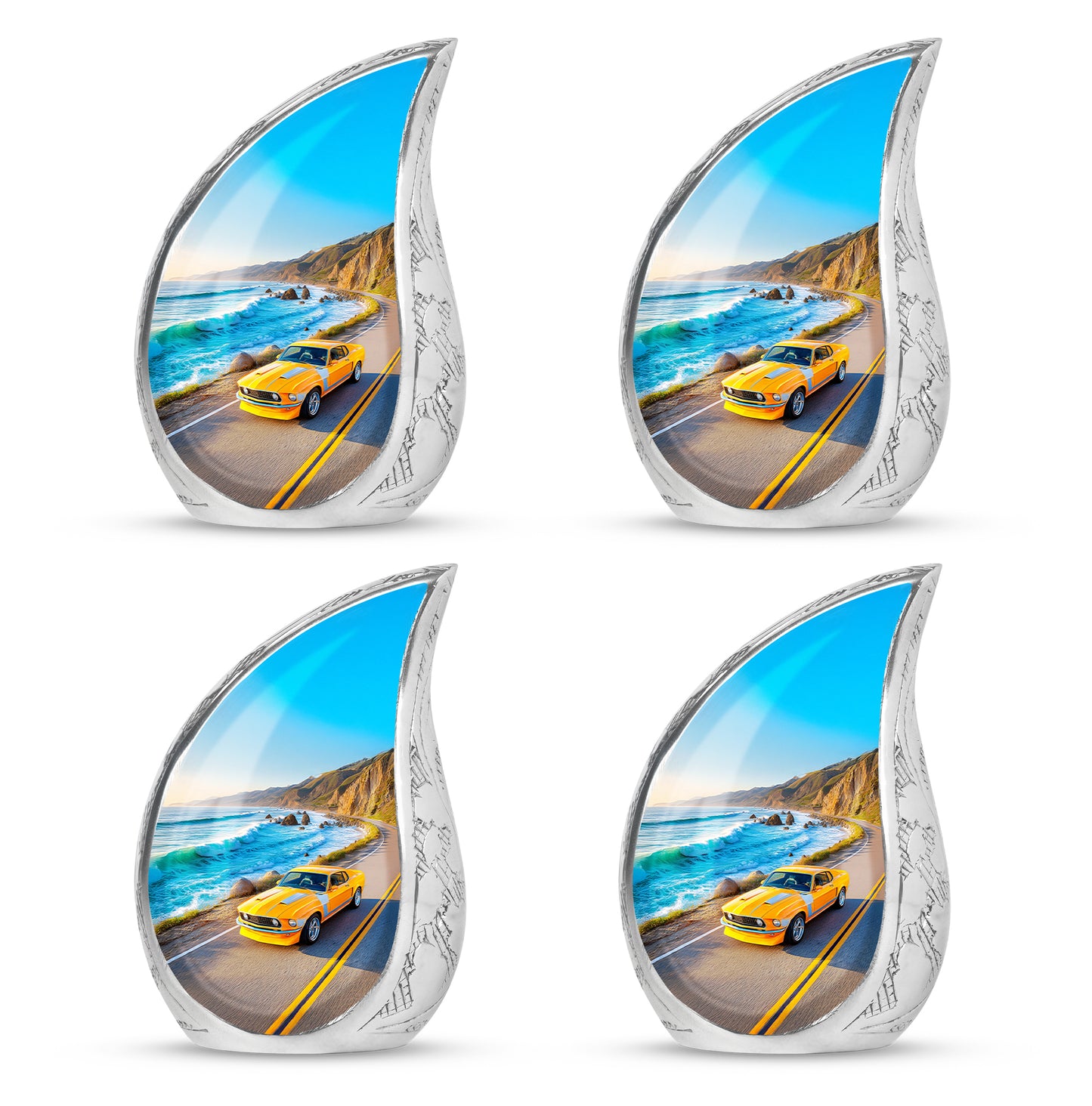Azure Car Cremation Urn close-up of engraving and surface detail - rounded teardrop car design with delicate detail - 10 inch aluminum urn for cremated remains