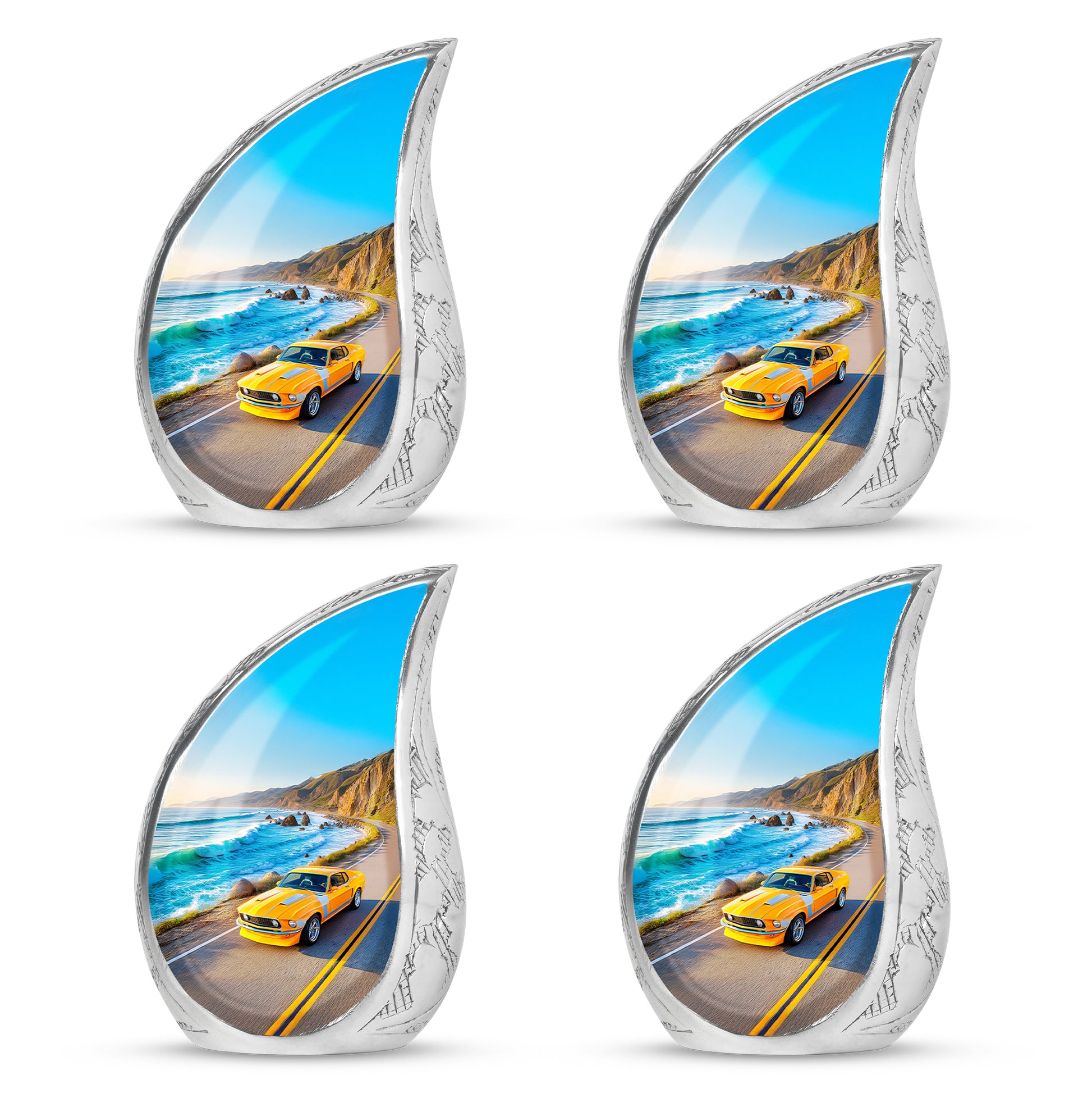 Azure Car Cremation Urn close-up of engraving and surface detail - rounded teardrop car design with delicate detail - 10 inch aluminum urn for cremated remains