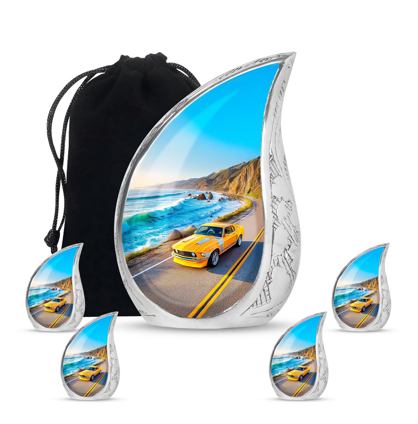 Serene Blue Car Cremation Urn side profile showing urn shape - graceful tear-shaped urn with car motif - memorial set with one large and four small urns
