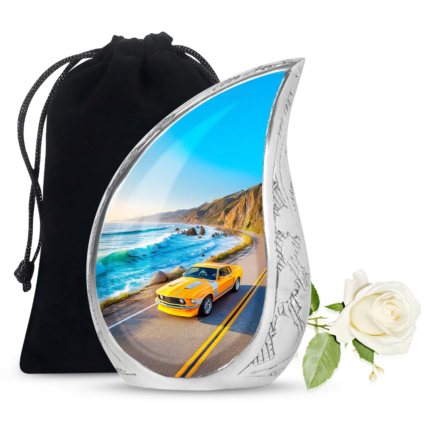 Cobalt Blue Car Cremation Urn front view showing detailed design - graceful tear-shaped urn with car motif - full-size 10 inch 200 cubic inch adult cremation urn