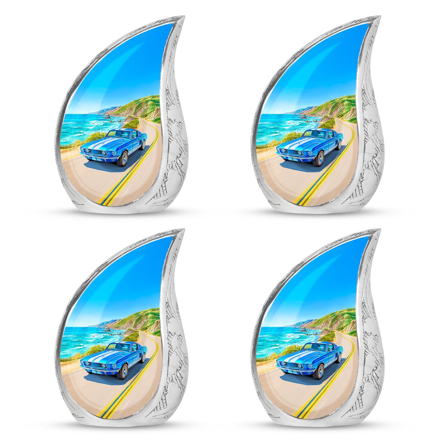 Celestial Blue Car Cremation Urn close-up of engraving and surface detail - rounded teardrop car design with delicate detail - 10 inch aluminum urn for cremated remains
