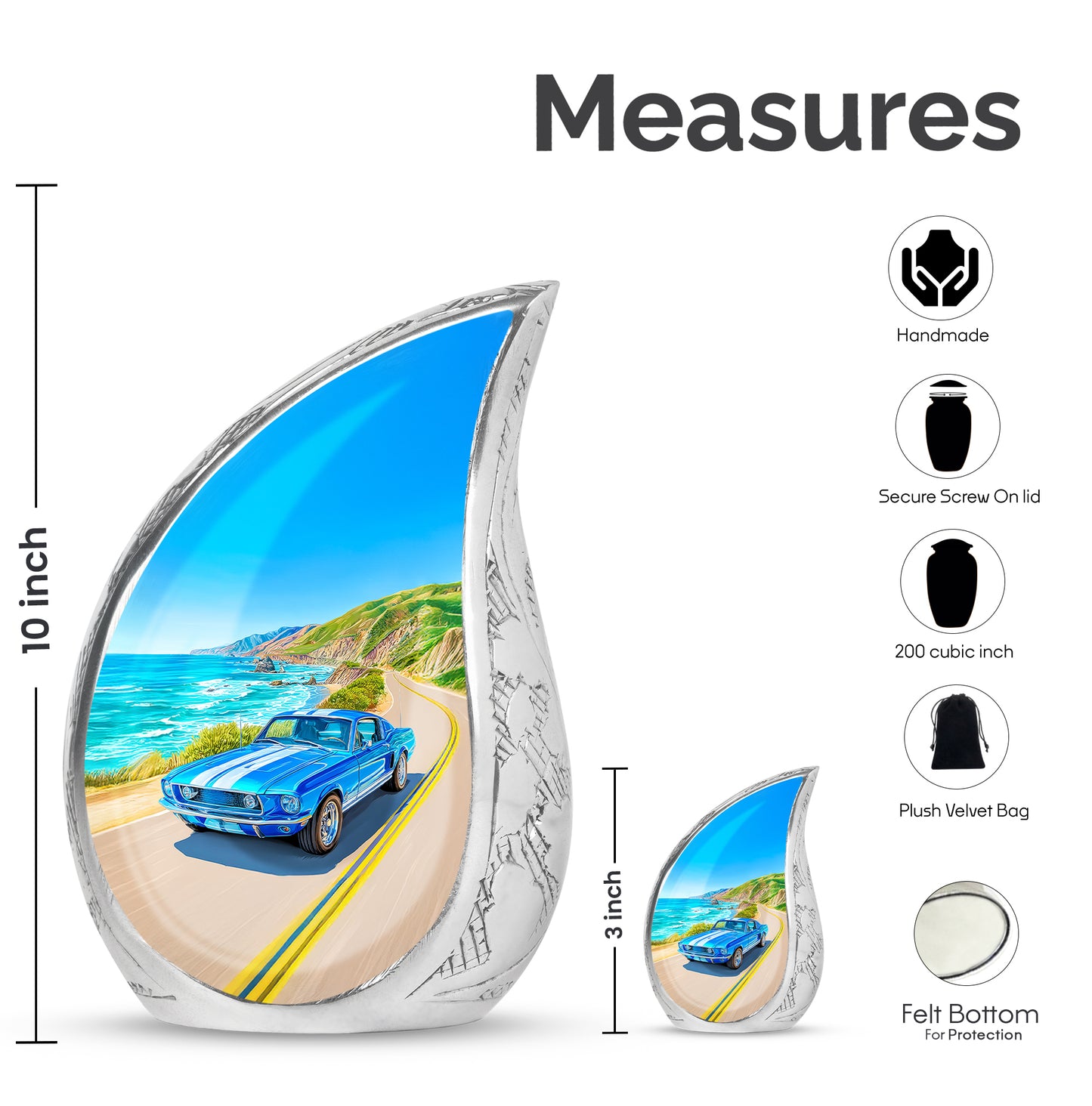 Cobalt Blue Car Cremation Urn angled view of lid and engraved motif - smooth teardrop contour featuring car art - mini keepsake memorial for portion of cremation ashes