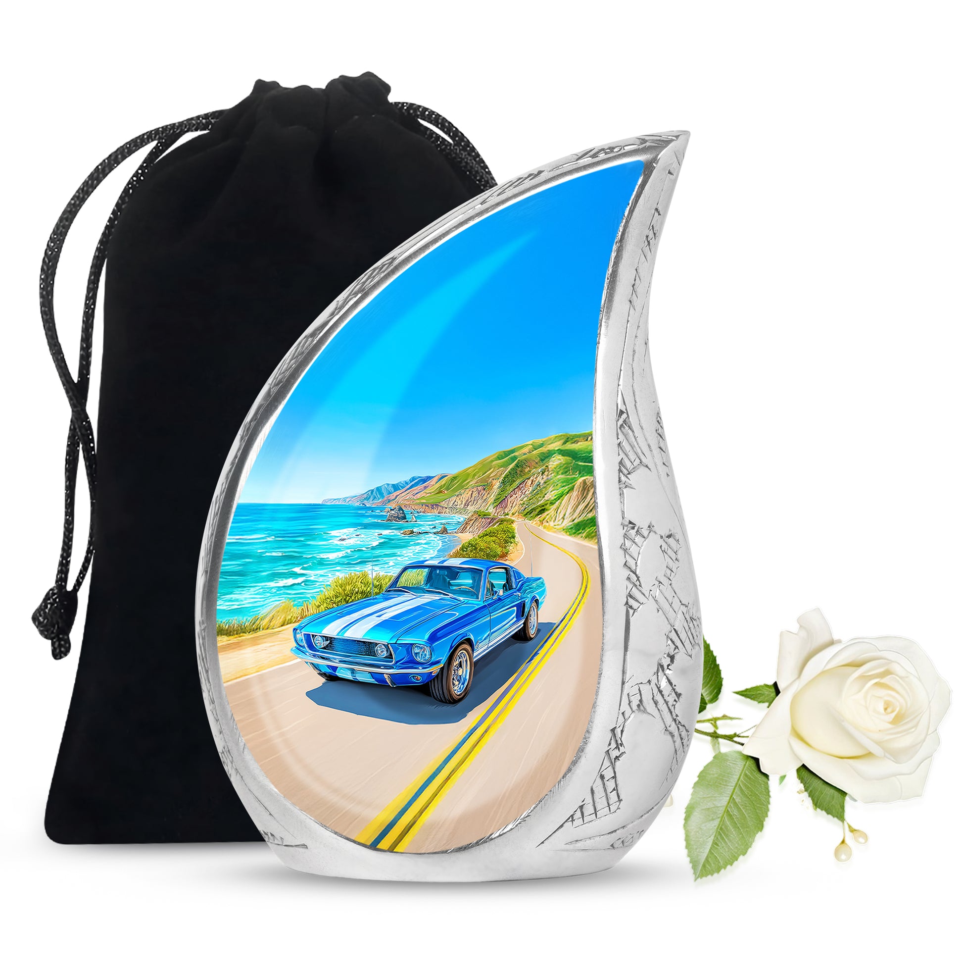 Twilight Blue Car Cremation Urn front view showing detailed design - smooth teardrop contour featuring car art - full-size 10 inch 200 cubic inch adult cremation urn