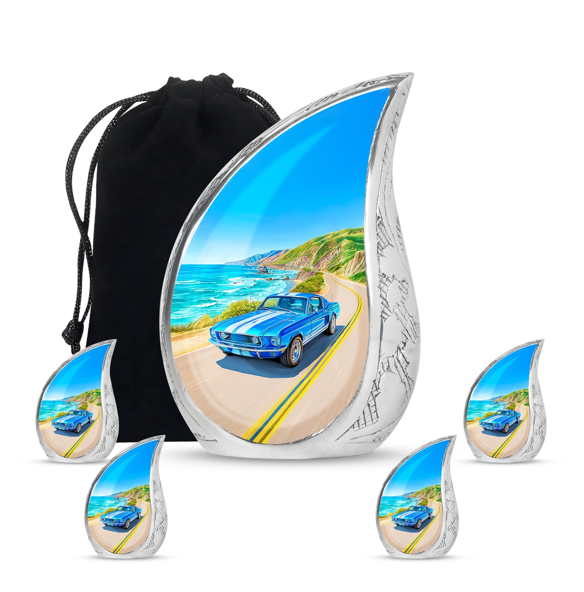 Misty Blue Car Cremation Urn side profile showing urn shape - flowing teardrop car silhouette on curved aluminum - memorial set with one large and four small urns