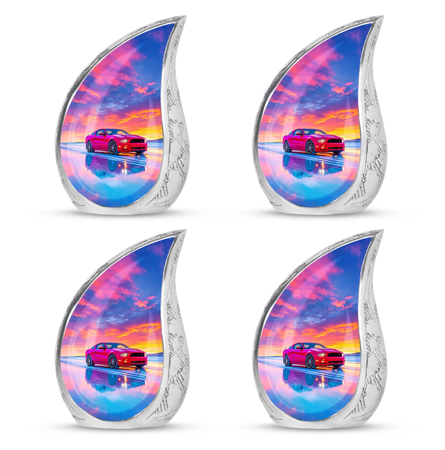 Vivid Blue Car Cremation Urn close-up of engraving and surface detail - graceful tear-shaped urn with car motif - 10 inch aluminum urn for cremated remains