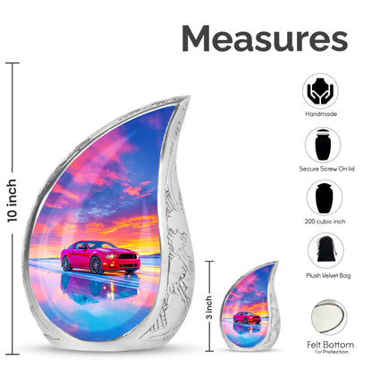 Royal Blue Car Cremation Urn angled view of lid and engraved motif - smooth teardrop contour featuring car art - mini keepsake memorial for portion of cremation ashes