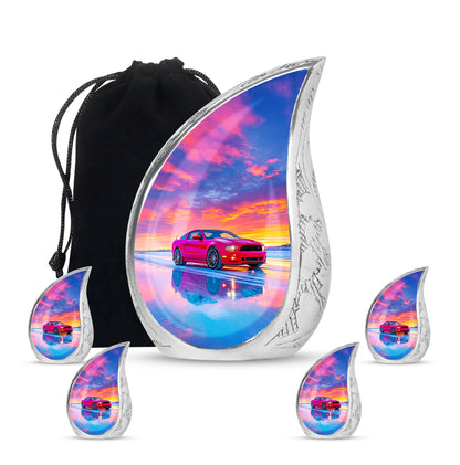 Serene Blue Car Cremation Urn side profile showing urn shape - smooth teardrop contour featuring car art - memorial set with one large and four small urns