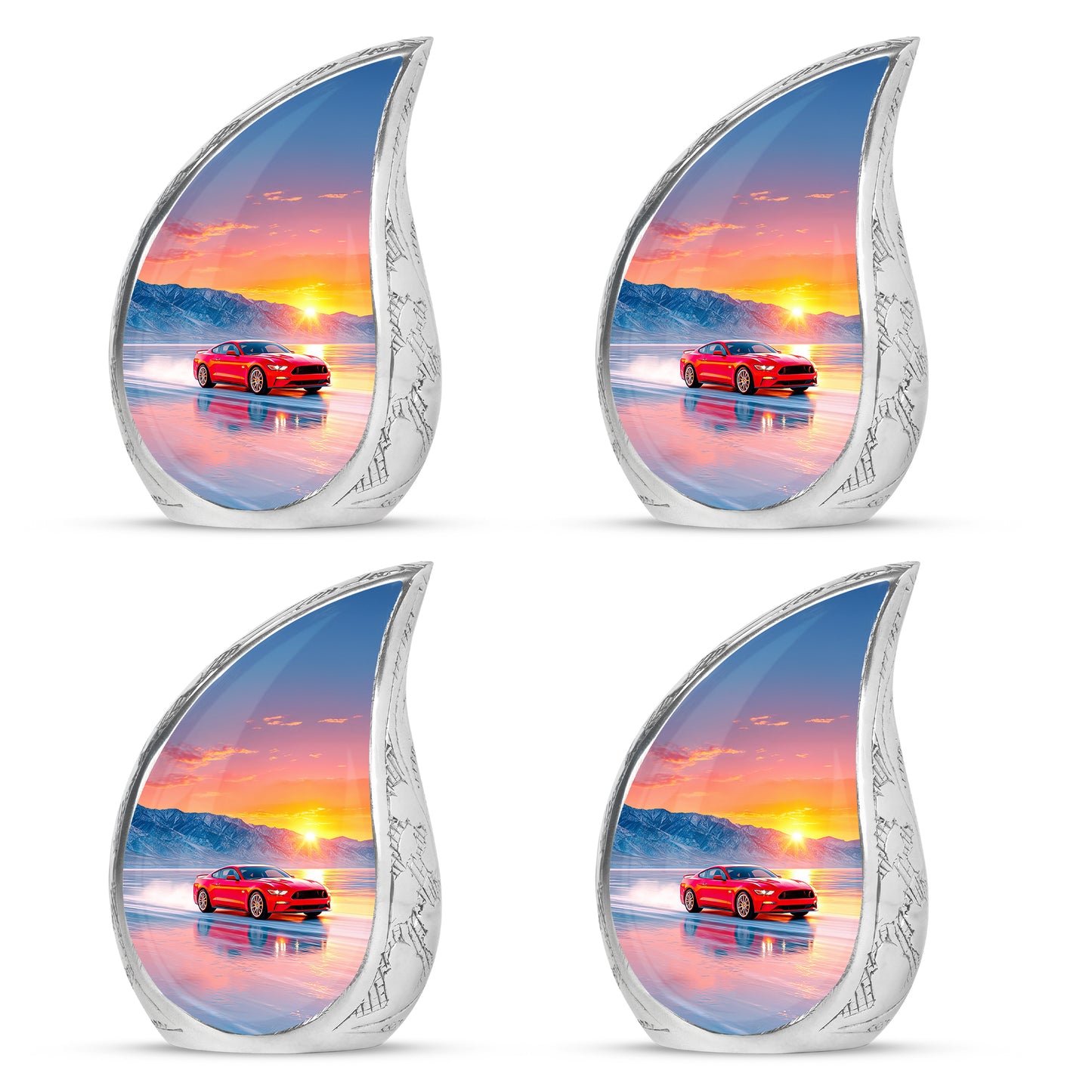 Dusty Pink Car Cremation Urn close-up of engraving and surface detail - smooth teardrop contour featuring car art - 10 inch aluminum urn for cremated remains