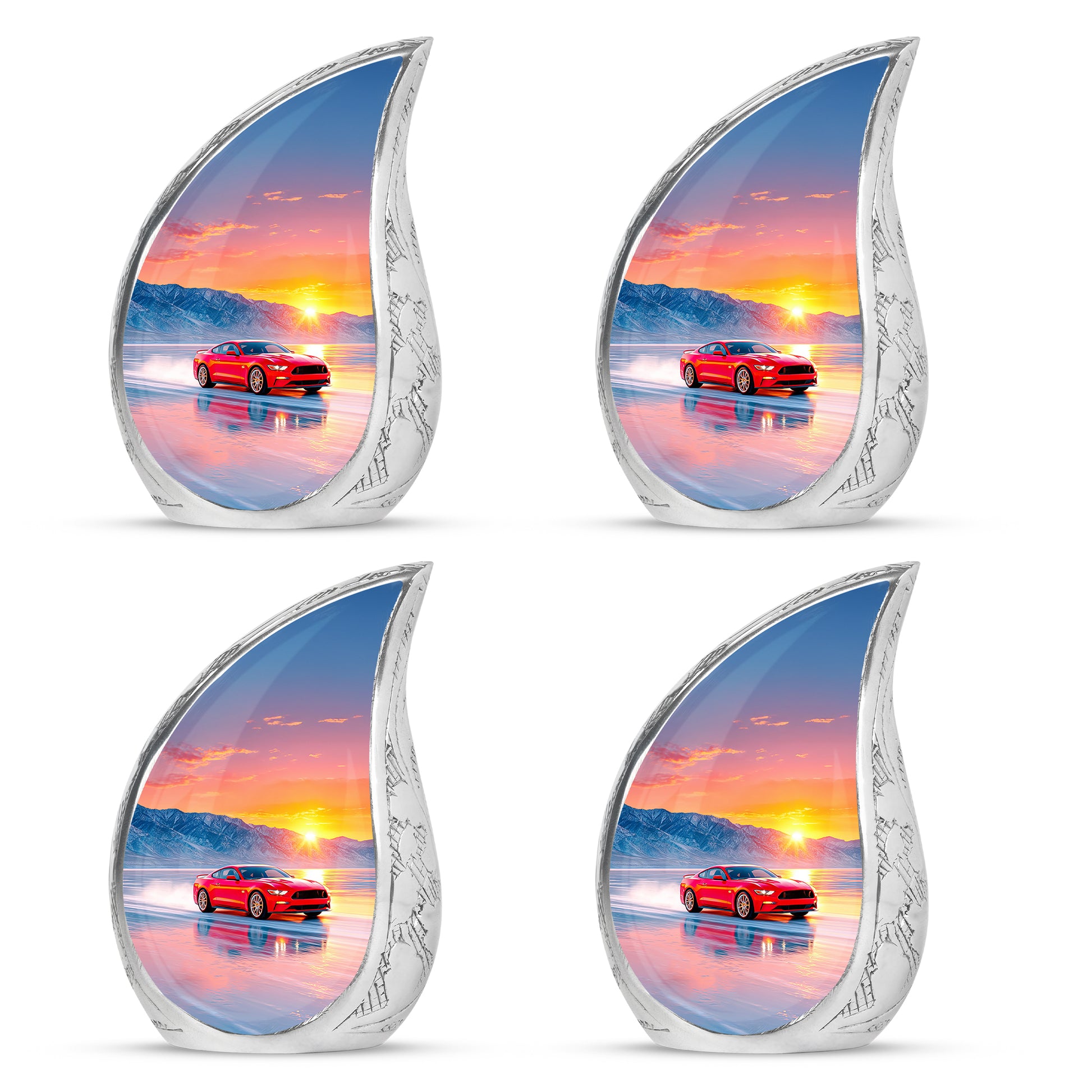 Dusty Pink Car Cremation Urn close-up of engraving and surface detail - smooth teardrop contour featuring car art - 10 inch aluminum urn for cremated remains